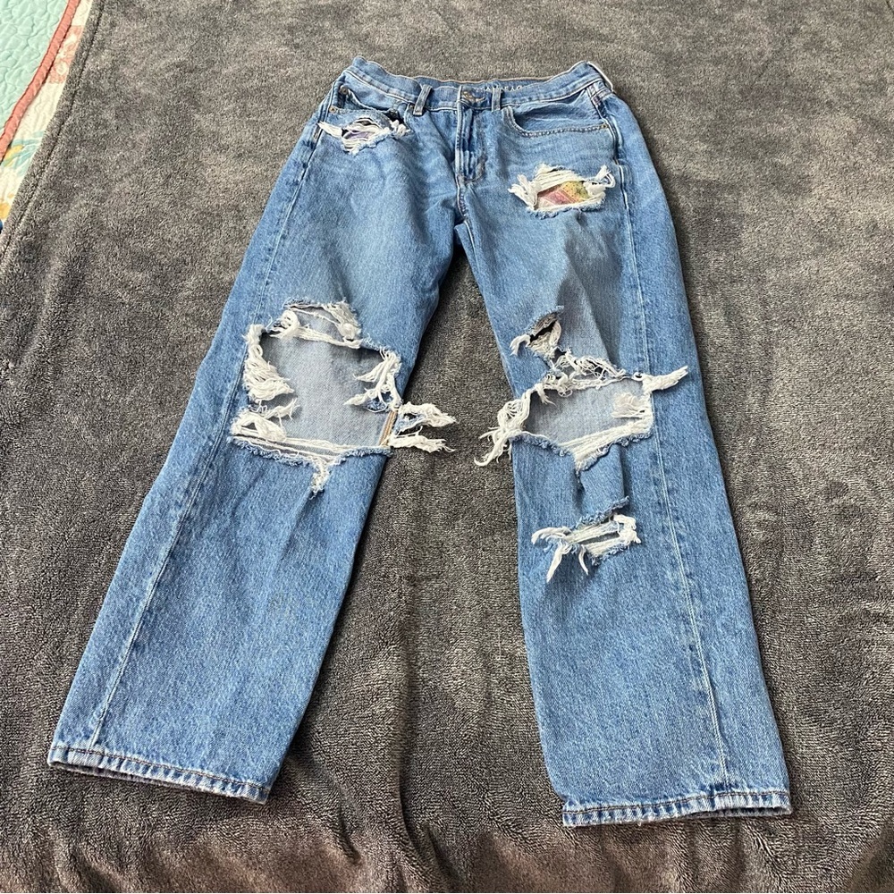 American Eagle Outfitters Distressed Jeans with colorful accents Wide Leg Size 6 - Picture 5 of 13
